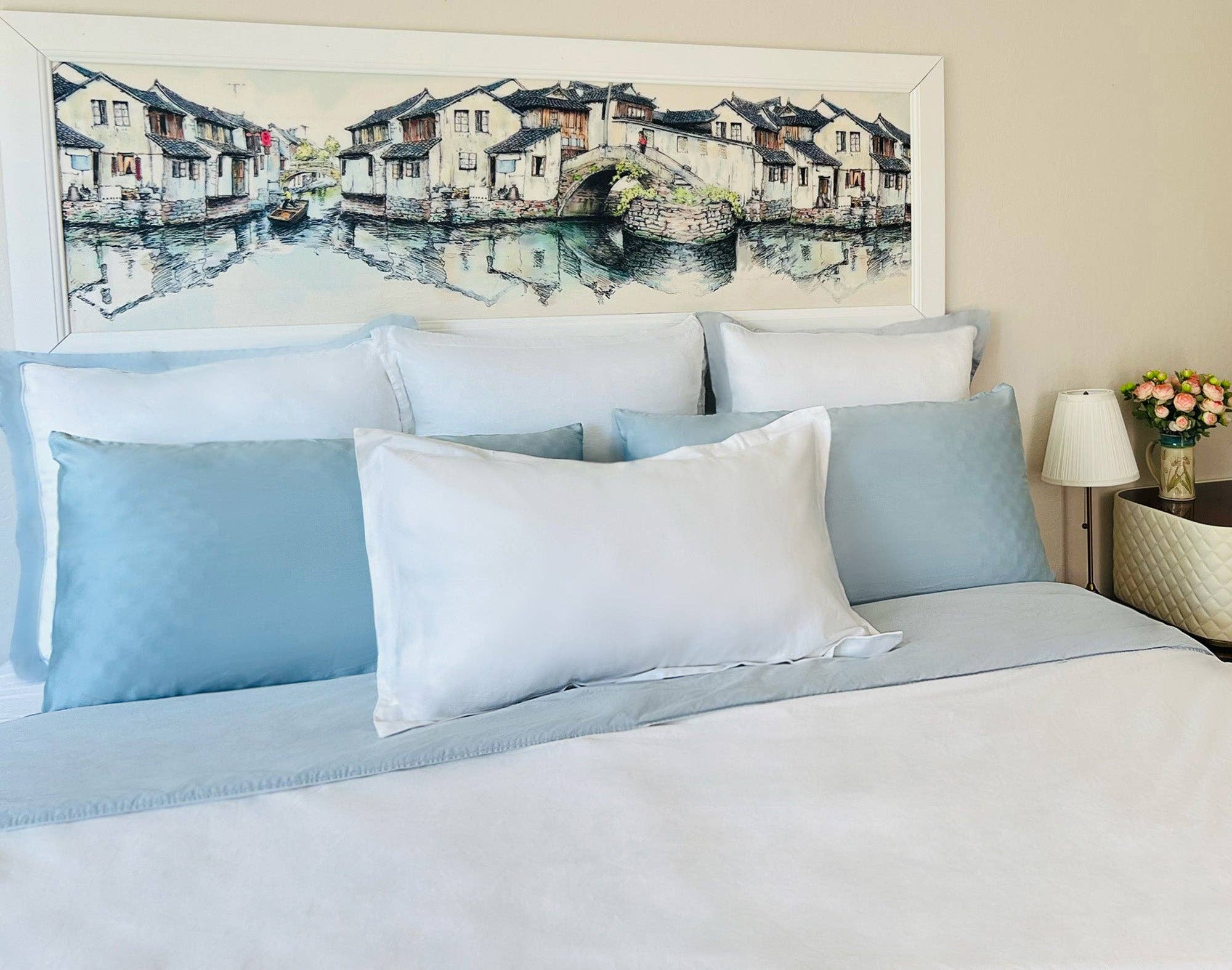 THE COTTON & SILK - Wholesale Duvet Cover - Long-staple Cotton Duvet Cover, White + Misty Blue5