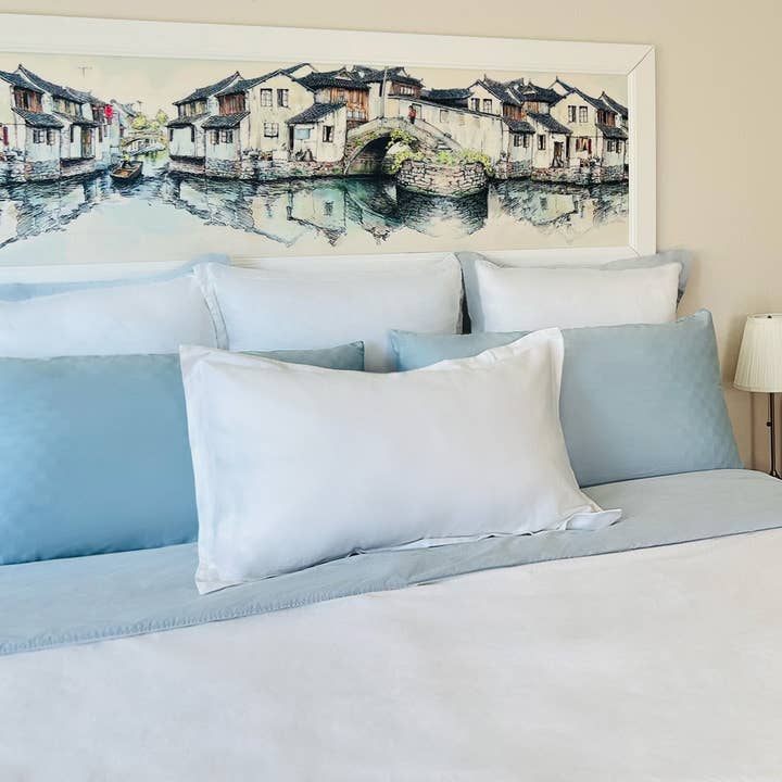 THE COTTON & SILK - Wholesale Duvet Cover - Long-staple Cotton Duvet Cover, White + Misty Blue5