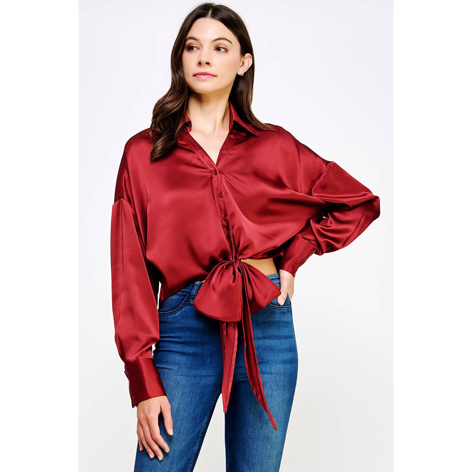 Strut & Bolt - Wholesale Button Down Shirt - Women's - Button Down Waist Tie Satin Shirt Top16