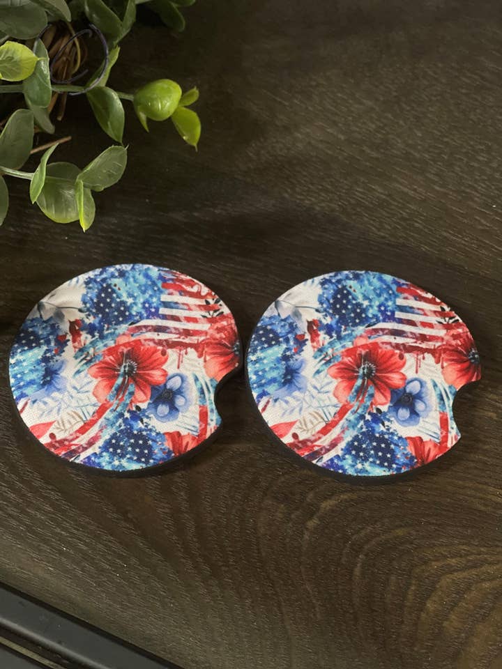 Floral American Flag Car Coaster Set for wholesale by CMD Wholesale