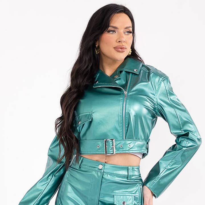 AO023S- 2-delige set van metallic vegan leren motorjack & rok voor wholesale door IWT Brands