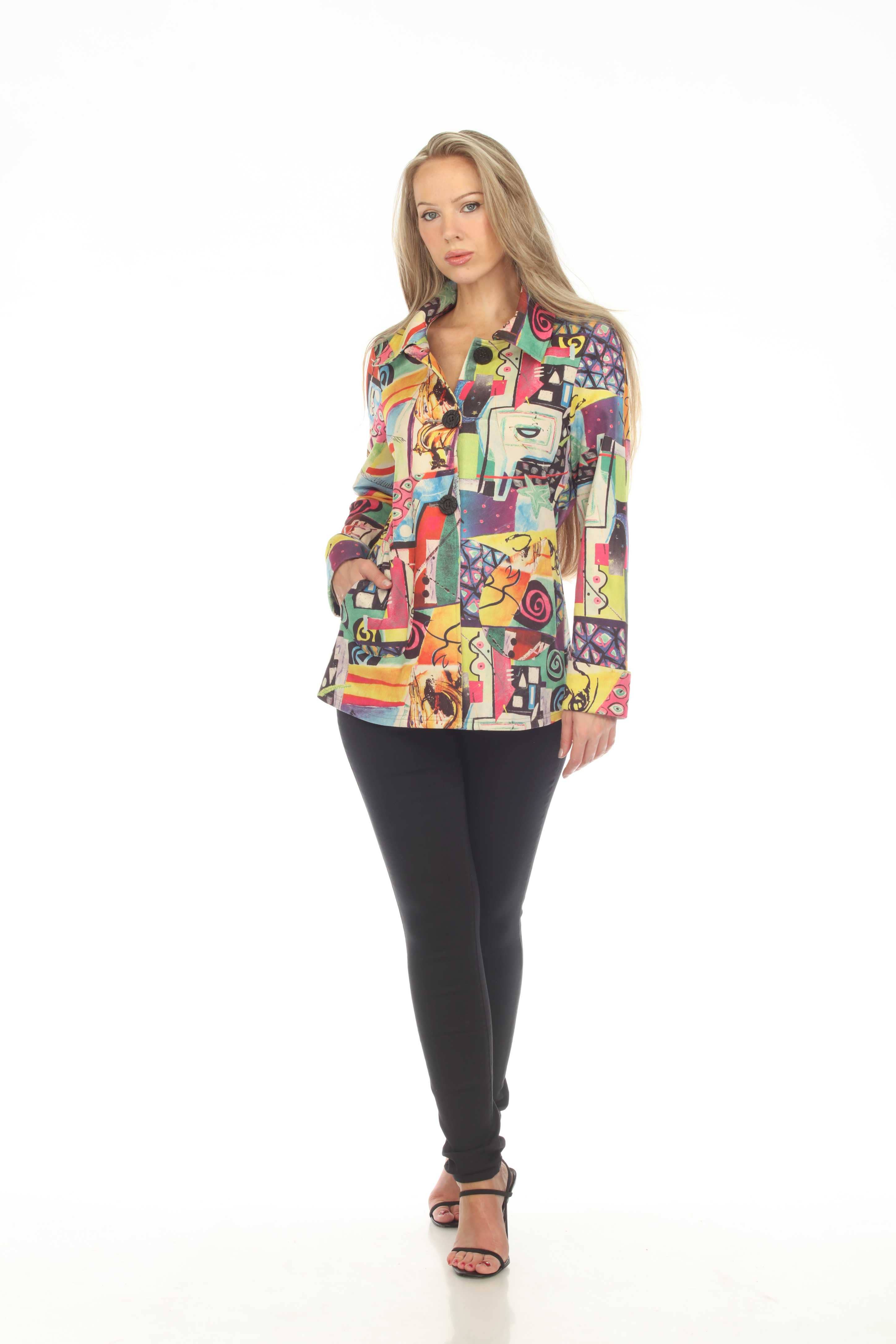 Kamana - Vendita all'ingrosso Giacca - Donna - Giacca con bottoni con colletto in pelle scamosciata multicolore floreale RK46