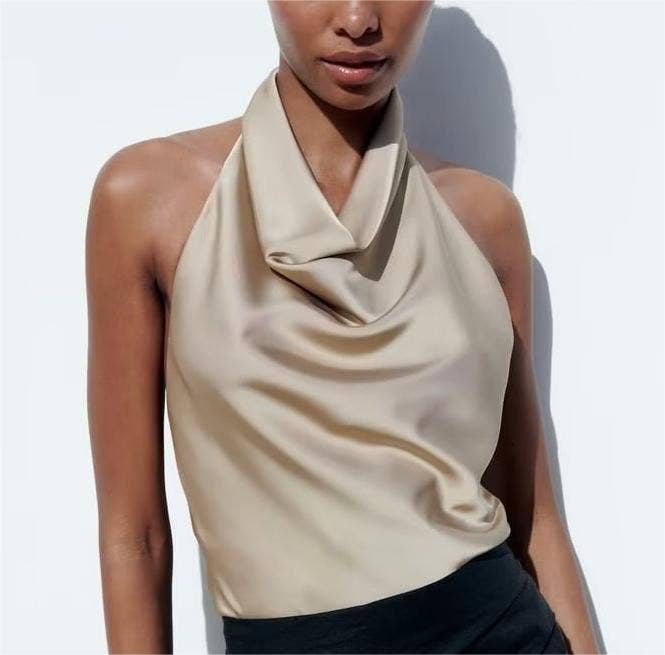 Negro Ropa de mujer para primavera/verano, halter, seda satinada, textura de satén, blusa corta, sin espalda de venta al por mayor en Faire7