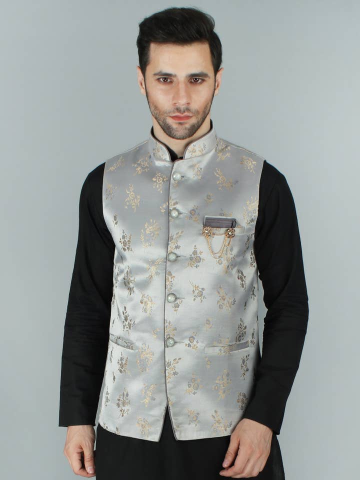 Ethnic Party Wear Floral Brocade Bundi Waist Coat for wholesale by Exotic India Art