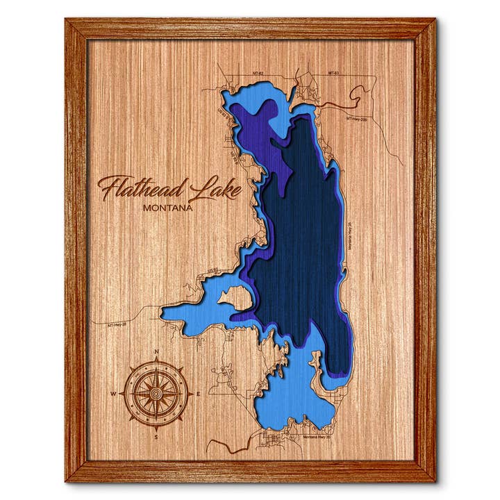 Mapa de Profundidad del Lago Flathead - Decoración para el Hogar y Pared para venta al por mayor de Premier Gifts and More