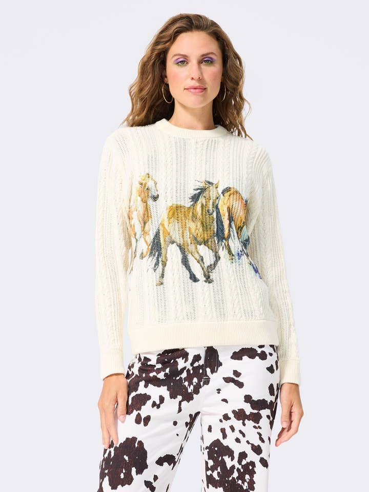 Printed Cable Knit Sweater with Running Horses for wholesale by Terez