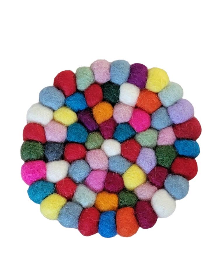 BA664A Wool Felt Multicolored Balls Trivet/Hot Pad Round for wholesale by Evergreen Guardian Imports