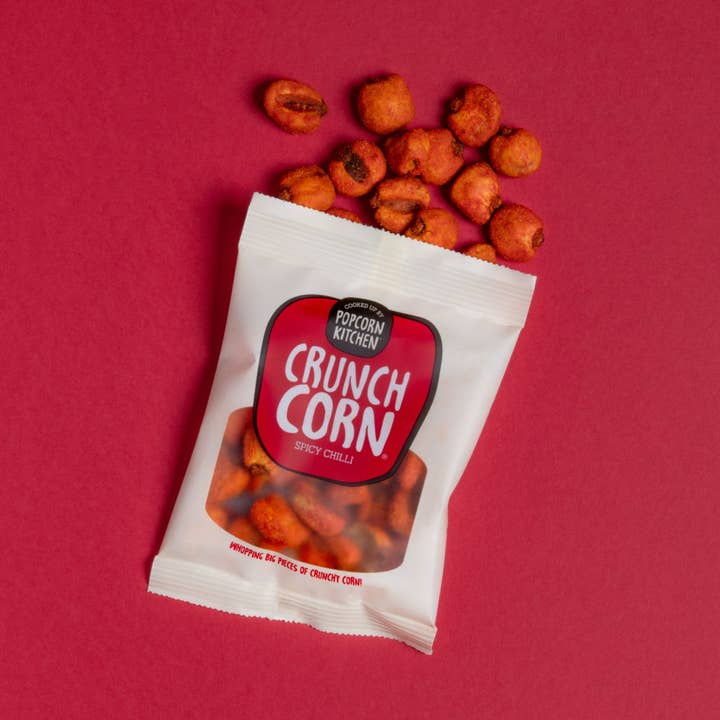 Spicy Chilli Crunch Corn Snack Bag, 30g x 12 for wholesale by Popcorn Kitchen Ltd
