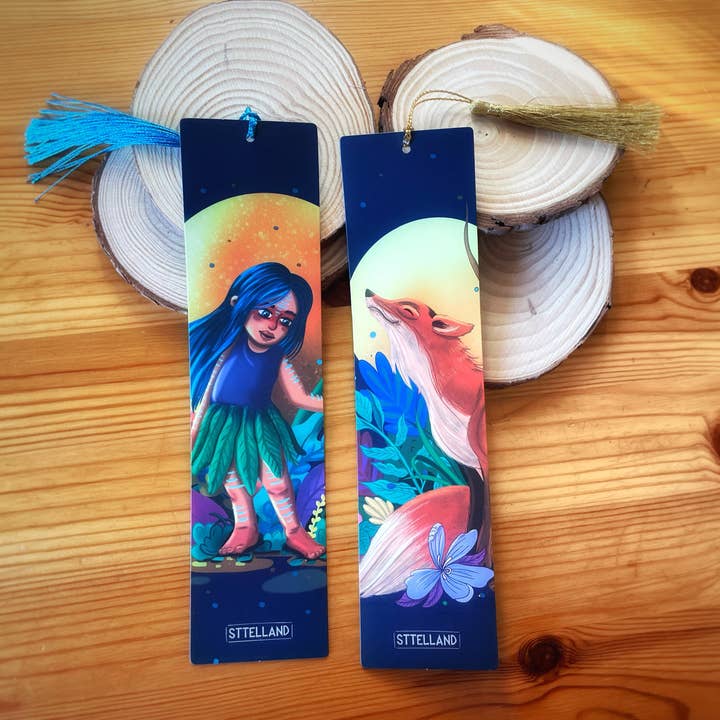 Paquete de 4 marcapáginas de zorro/bebé naturaleza • Doble cara • Zorro, naturaleza, flores, plantas, luna, sol, medio ambiente • Regalo para los amantes de los libros para venta al por mayor de Stelland