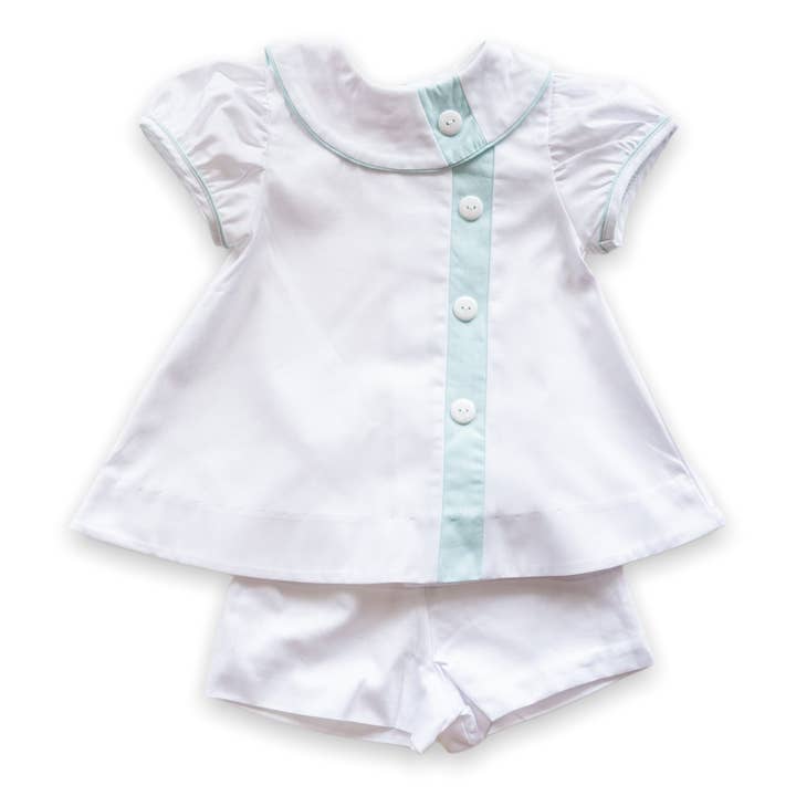 Angels and Company Clothing - Wholesale Top & short set – Kids - Louise Swing Top Set with Short in White Pique with Aqua Chambray Insert4