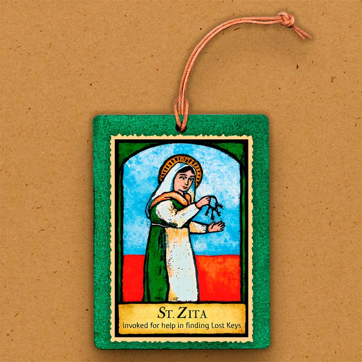 Handmade Wooden Ornament - Patron Saint of Lost Keys for wholesale by The Kaleidoscope Designs
