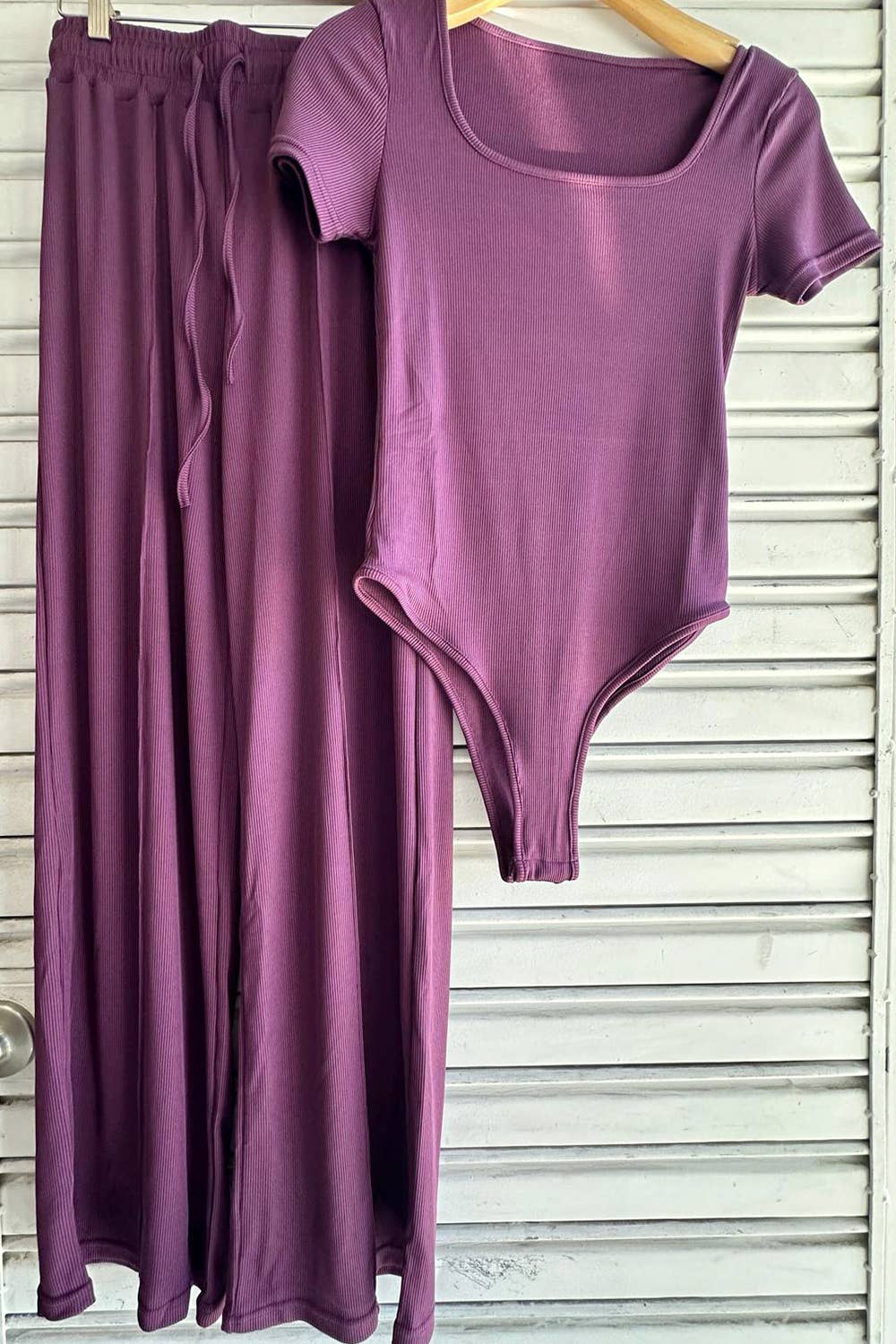 Color 5 - Wholesale Top & Pant Set (NOT Loungewear) - Women's - Slinky short sleeve body suit with flare pants fashion set22