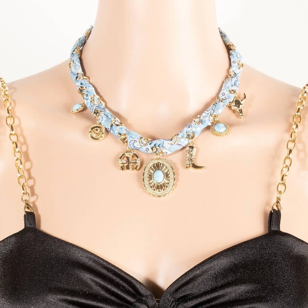 The Looks by Fame Accessories - Wholesale Pendant/Charm Necklace - Western Stone Set Concho Charms Paisley Bandana And Chain Braided Necklace9