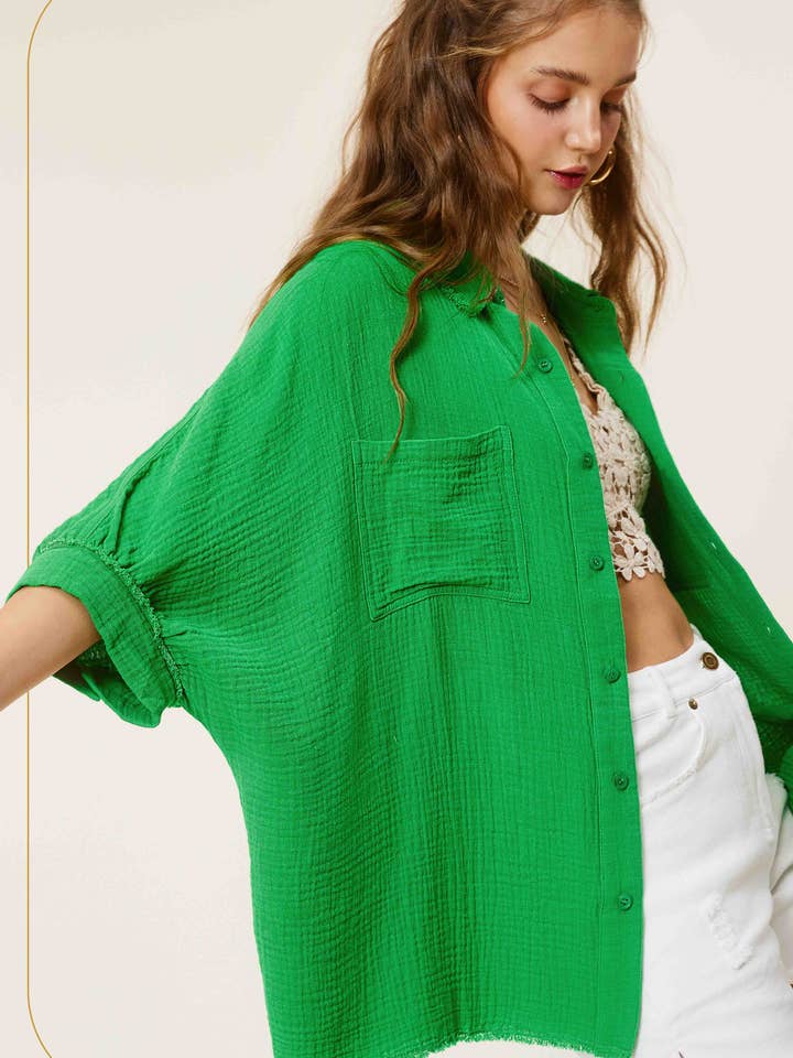 SRT7900-Soft Washed Crinkled Gauze Button Down Shirts for wholesale by La Miel