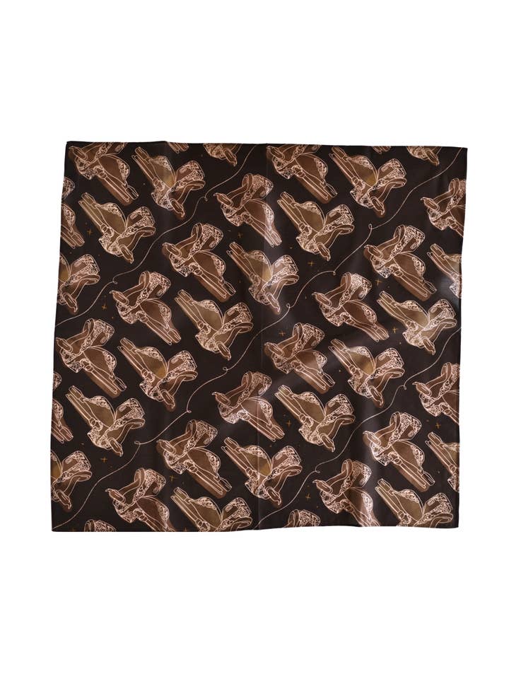 Western Saddle in Arena Brown Cowgirl Silk Scarf Wild Rag Ready-to-gift for wholesale by Tirzah Lane Art