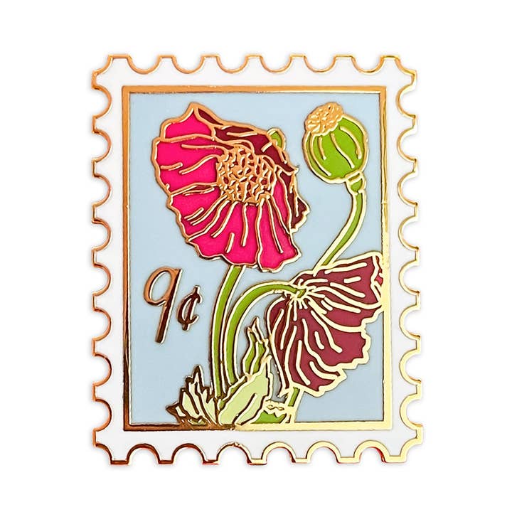 Poppies Postage Stamp Enamel Pin for wholesale by Sablewood Paper Company