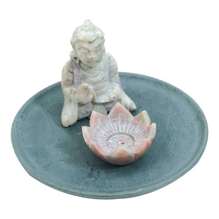 Buddha Plate w/Lotus Cone/Stick Holder - Soapstone for wholesale by Triloka