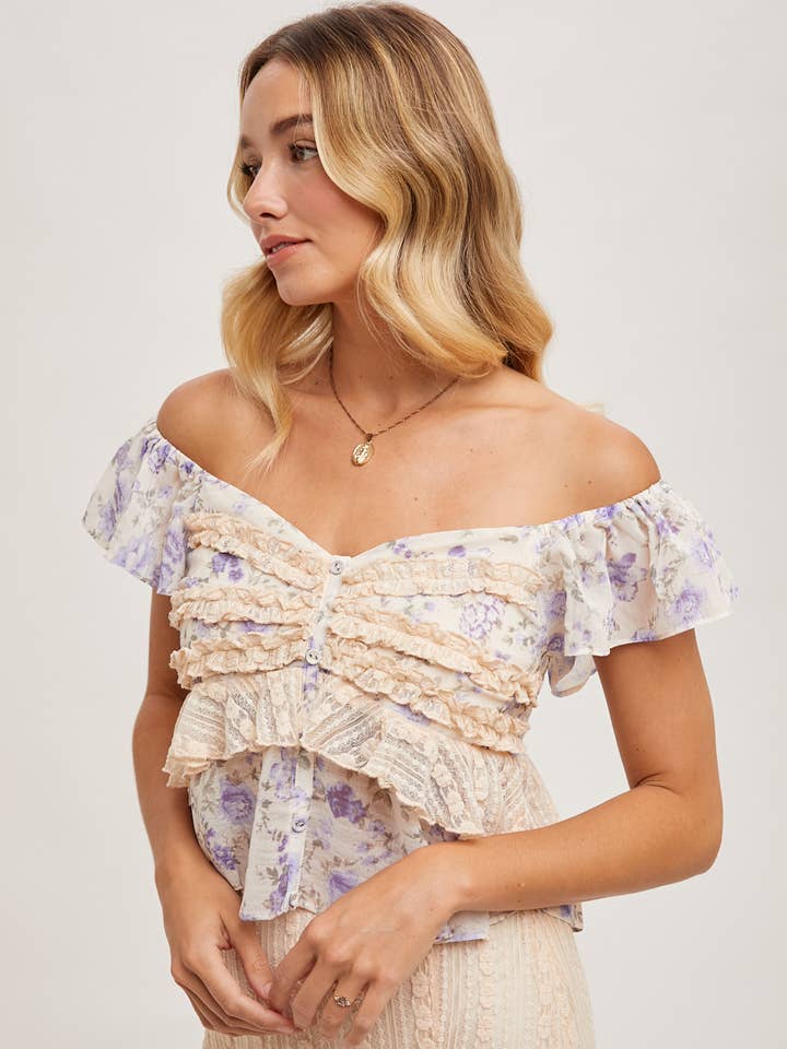 Bluivy - Wholesale Blouse - Women's - FLORAL PRINT RUFFLE LACE TRIMMED SWEETHEART NECK TOP