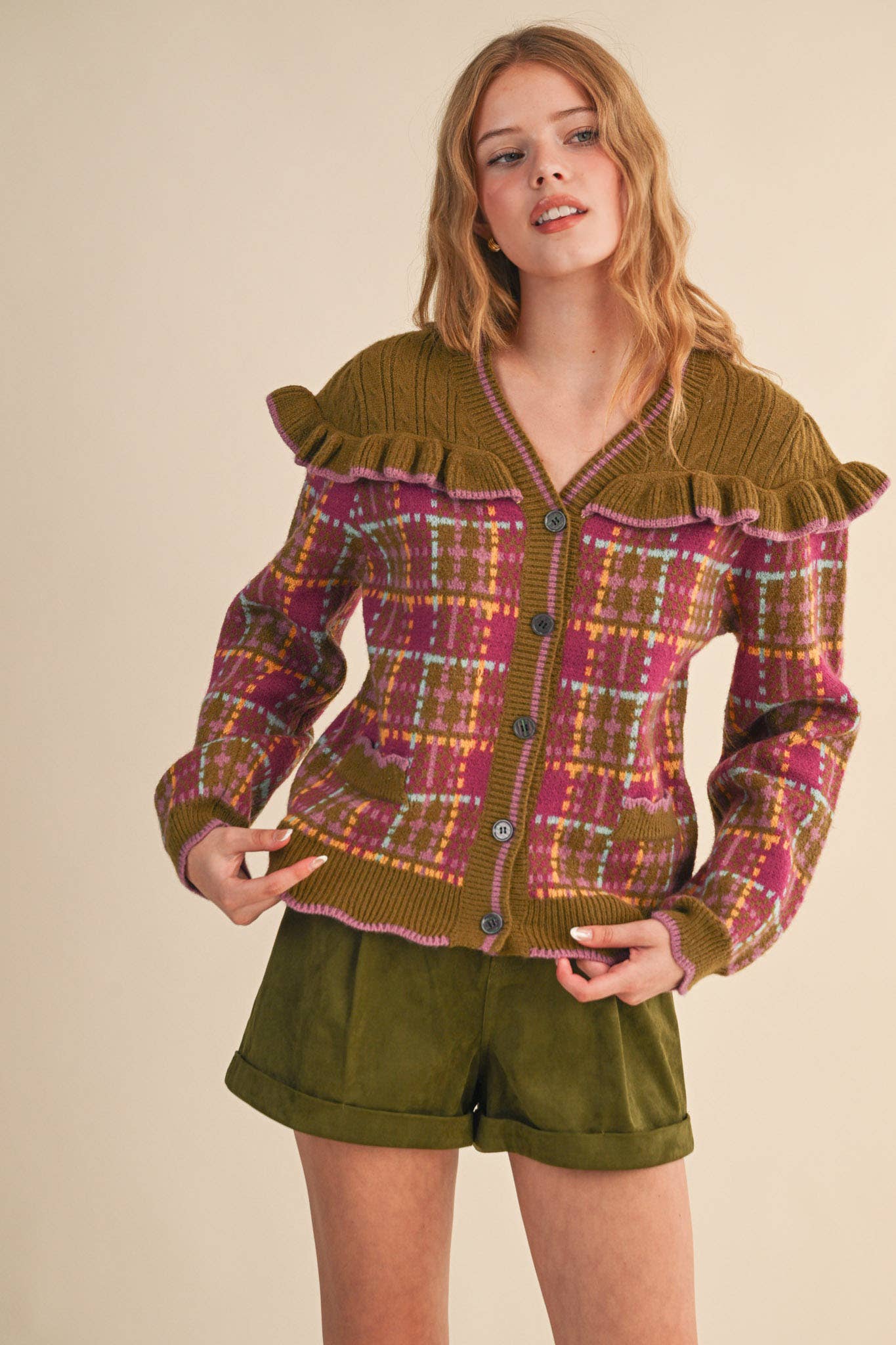 &MERCI - Wholesale Cardigan - Women's - RUFFLED YOKE PLAID SWEATER CARDIGAN MSW1118531