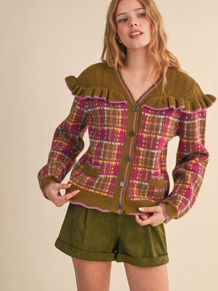 &MERCI - Wholesale Cardigan - Women's - RUFFLED YOKE PLAID SWEATER CARDIGAN MSW1118531