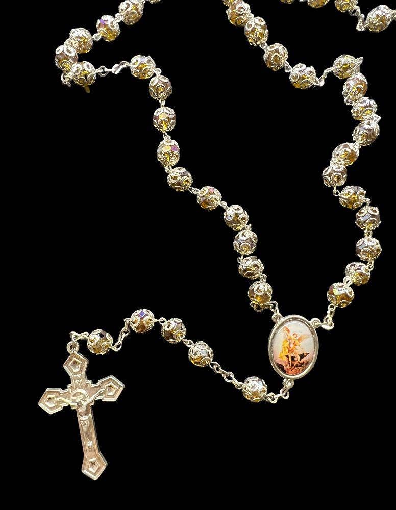 SAN JUDITAS RELIGIOUS ARTICLES - Wholesale Prayer Beads Necklace - CRYSTAL CAPPED ROSARY: AMBER -ST. MICHAEL ARCHANGEL1