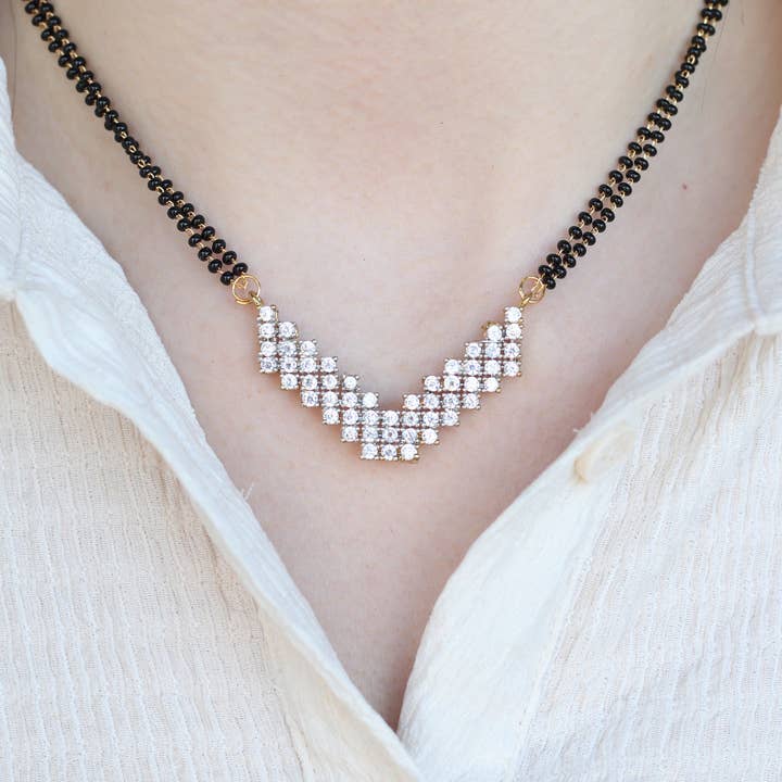 Indian Nazaria Silver Zircon Mangalsutra Black Beads Earring and Pendant Necklace for wholesale by The Colourful Aura