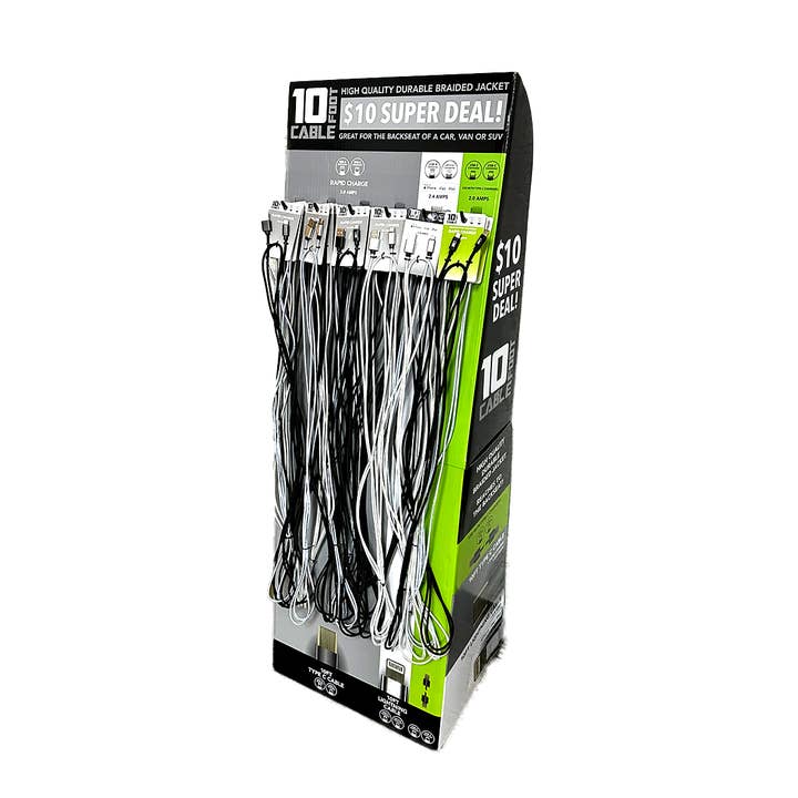 10 ft Charging Cable Assortment Floor Display- 24/Display for wholesale by Novelty Brands