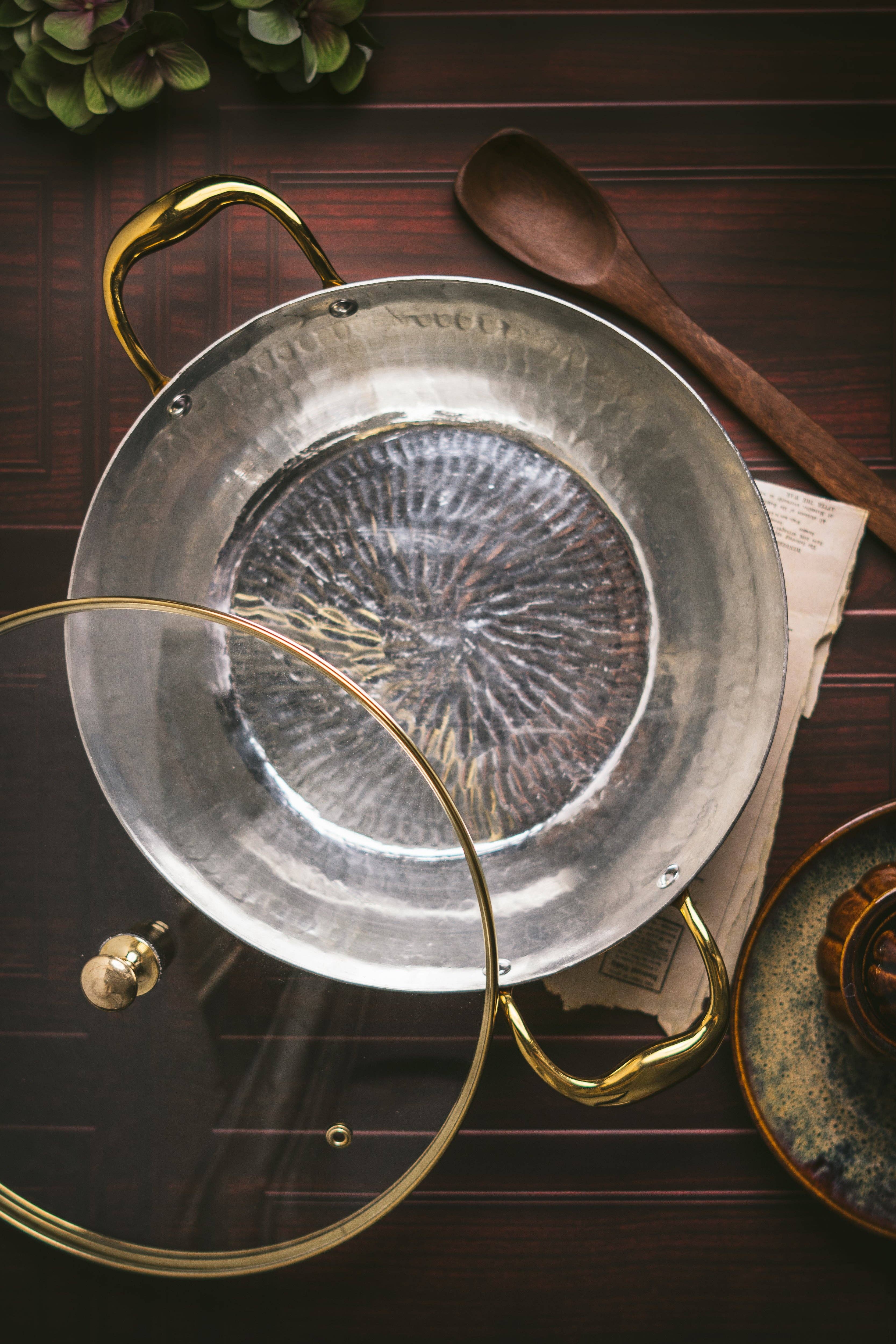 P-TAL - Wholesale Kookpot - Messing platte bodem wok met glazen deksel - Kadhai (Diepe & platte bodem kook-/serveergerei - karahi)10