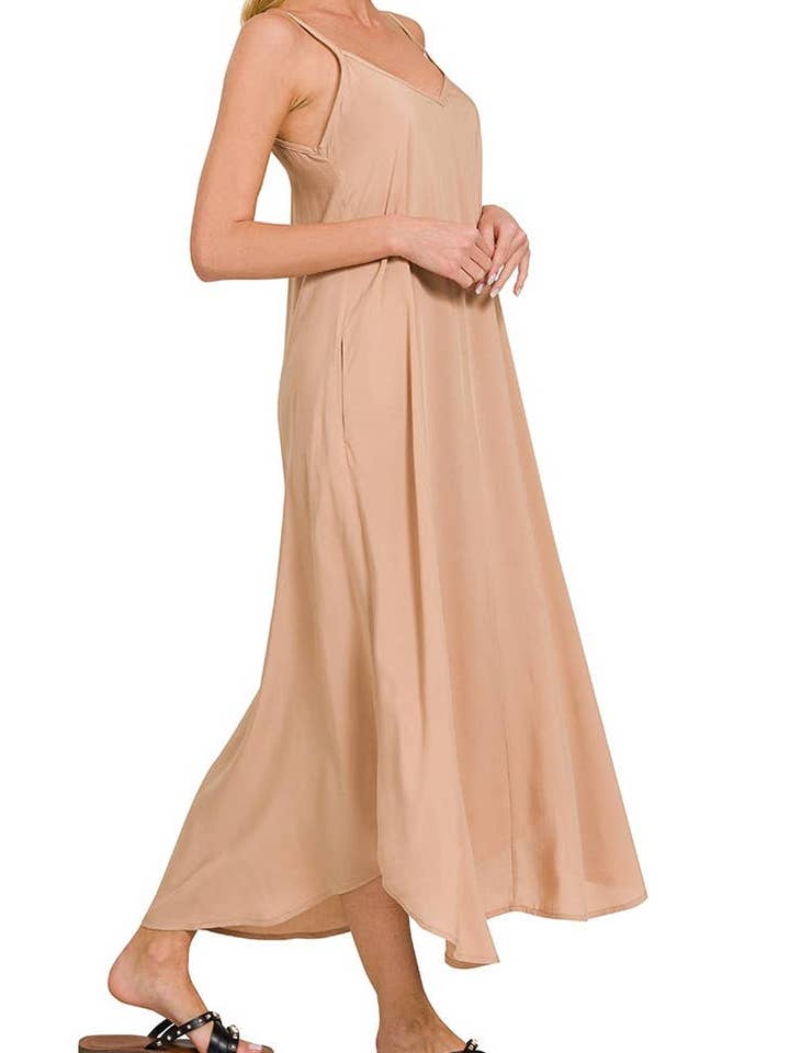 Woven Arc Hem Cami Midi Dress With Flowy Pockets for wholesale by Vanilla Monkey