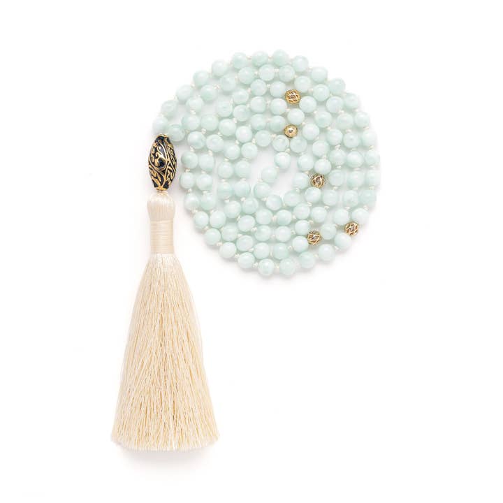 Goddess of Freedom and Wisdom 108 Bead Mala, Green Moonstone for wholesale by Seven Saints
