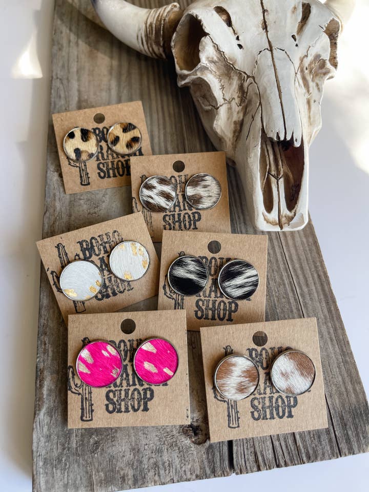 ROUND COWHIDE STUDS stud earrings - Genuine Leather Cowhide for wholesale by Boho Ranch Shop