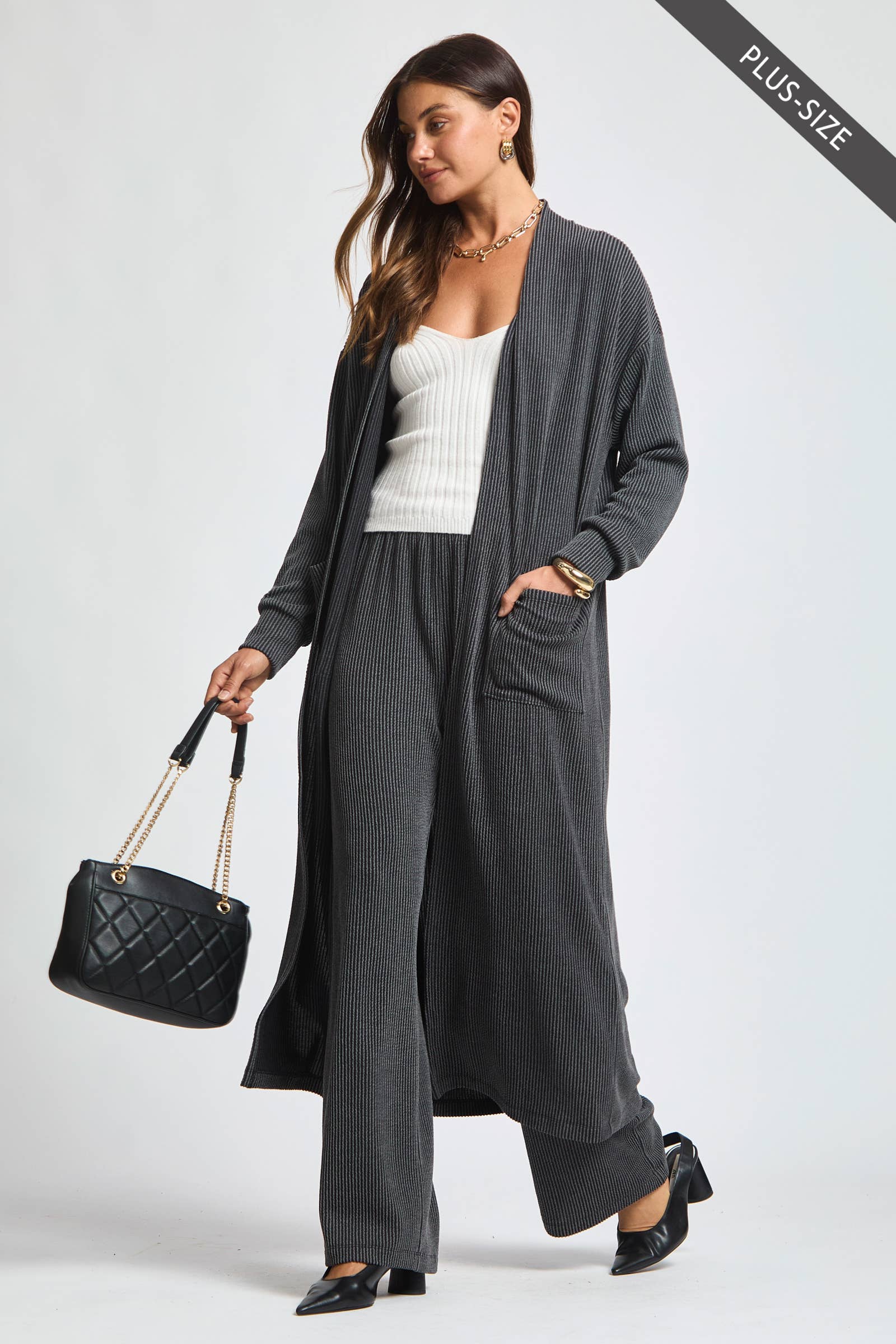 Dear Scarlett - Wholesale Top & Pant Set (NOT Loungewear) - Women's - PLUS SIZE Longline Cardigan + Relaxed Pants 2 Piece Set8