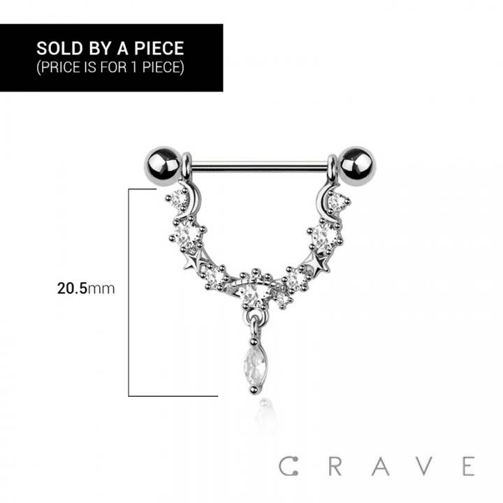 CRAVE BODY JEWELRY - Wholesale Face/Body Chain - 316L SURGICAL STEEL STAR BRANCH OVAL CZ DANGLE NIPPLE RING