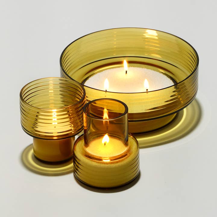 3 GLOW TOGETHER glass candlesticks in Mustard for wholesale by Glasscor | Hand∙Blown Glass