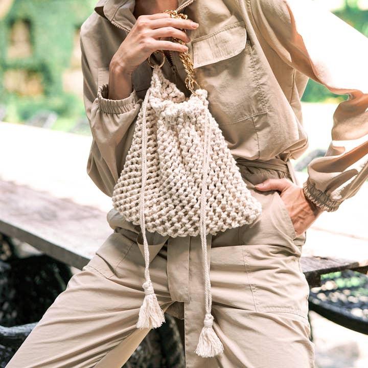 LYON Macrame Tote Bag, in Off White for wholesale by Brunna Co