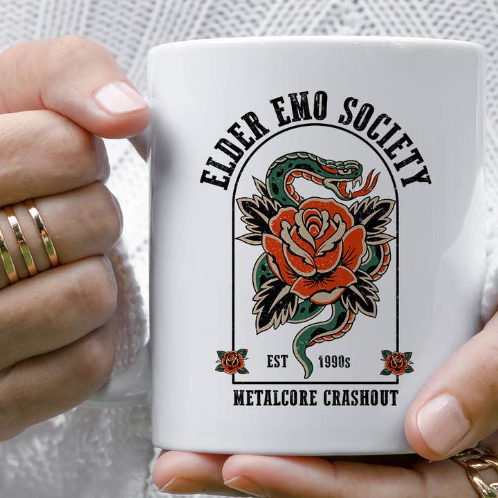 Elder Emo Society Funny Metalcore Punk Coffee Mug for wholesale by Sister Ray