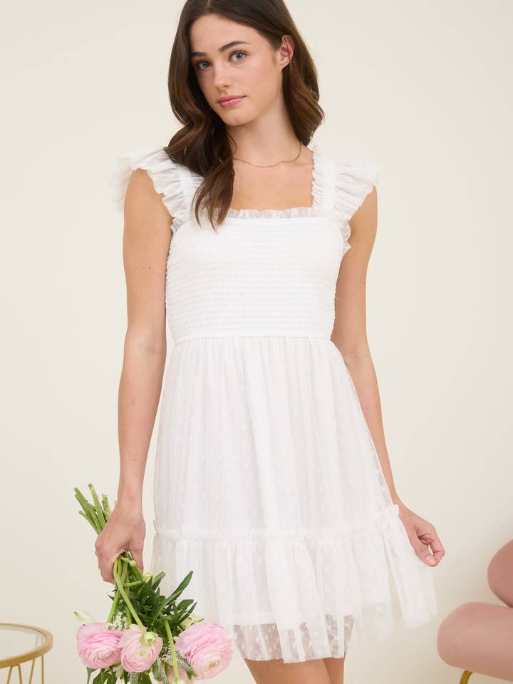 Blu Pepper - Wholesale Dress - Women's - POLKA DOT CHIFFON SMOCKED RUFFLE DETAIL MINI DRESS8