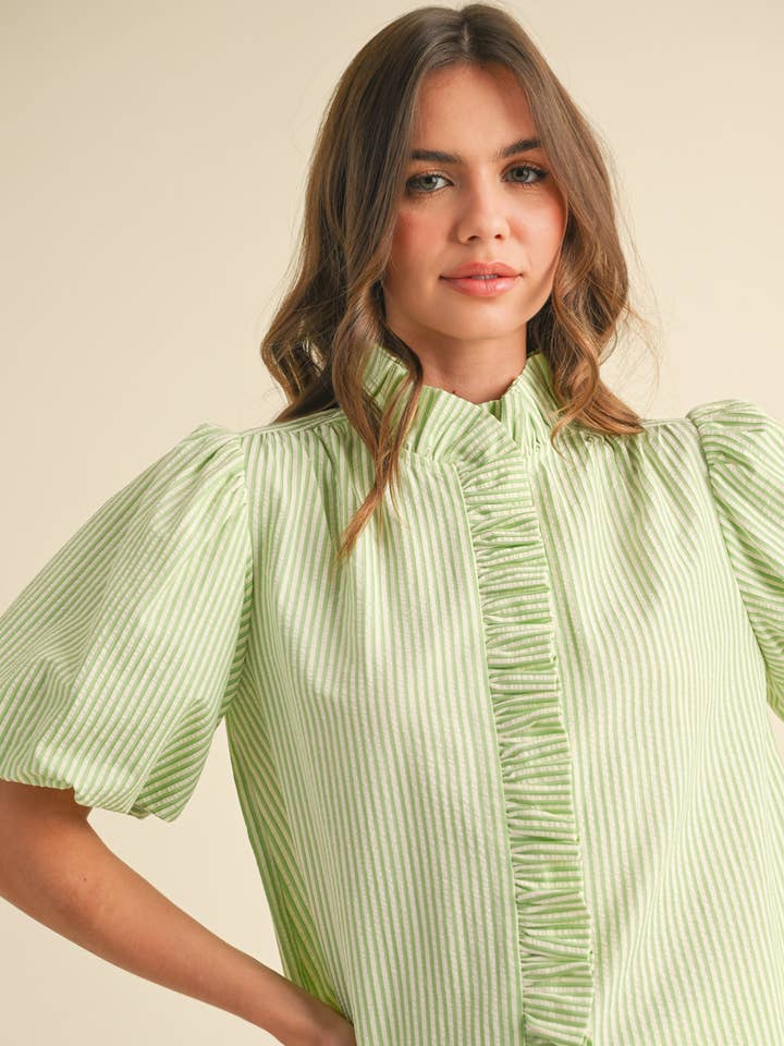 &MERCI - Wholesale Blouse - Women's - STRIPED RUFFLE BUTTON DOWN TOP MTP3750