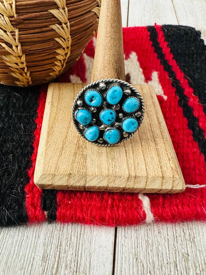 Bague ajustable Navajo en argent sterling et turquoise Kingman pour la vente par Nizhonitradersllc