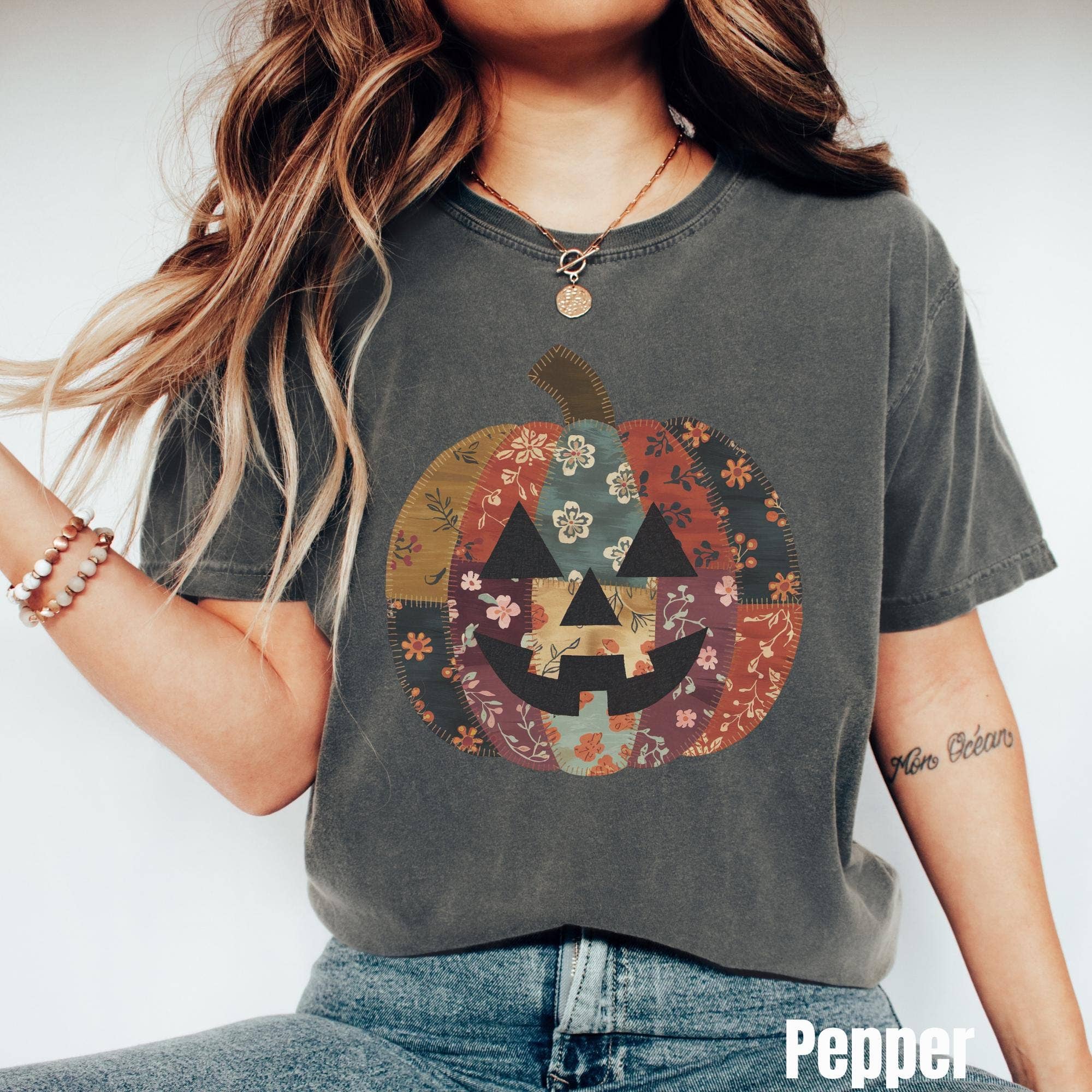 NVC Ecommerce LLC - Wholesale T-Shirt (Graphic) - Women's - Patchwork Pumpkin Shirt, Boho Fall, Halloween Sweatshirt2