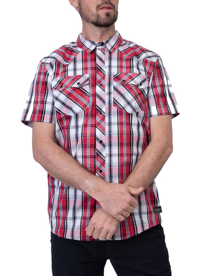MEN'S PLAID SNAP FRONT S/S WESTERN SHIRT for wholesale by Silver Jeans