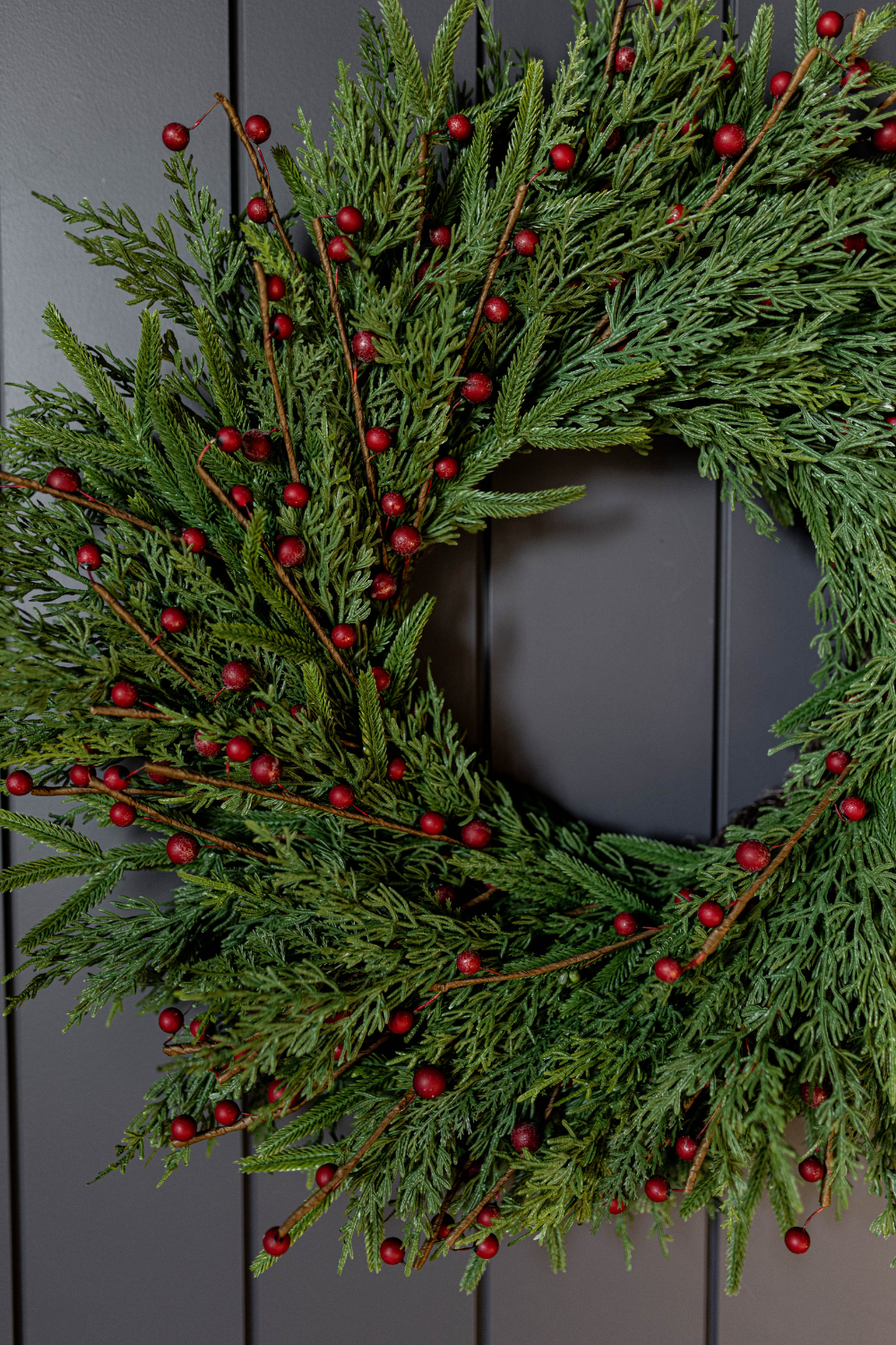 Luxe B Co - Wholesale Wreath - Red Plum Berry Norfolk Cypress Real Touch Wreath - 34"3