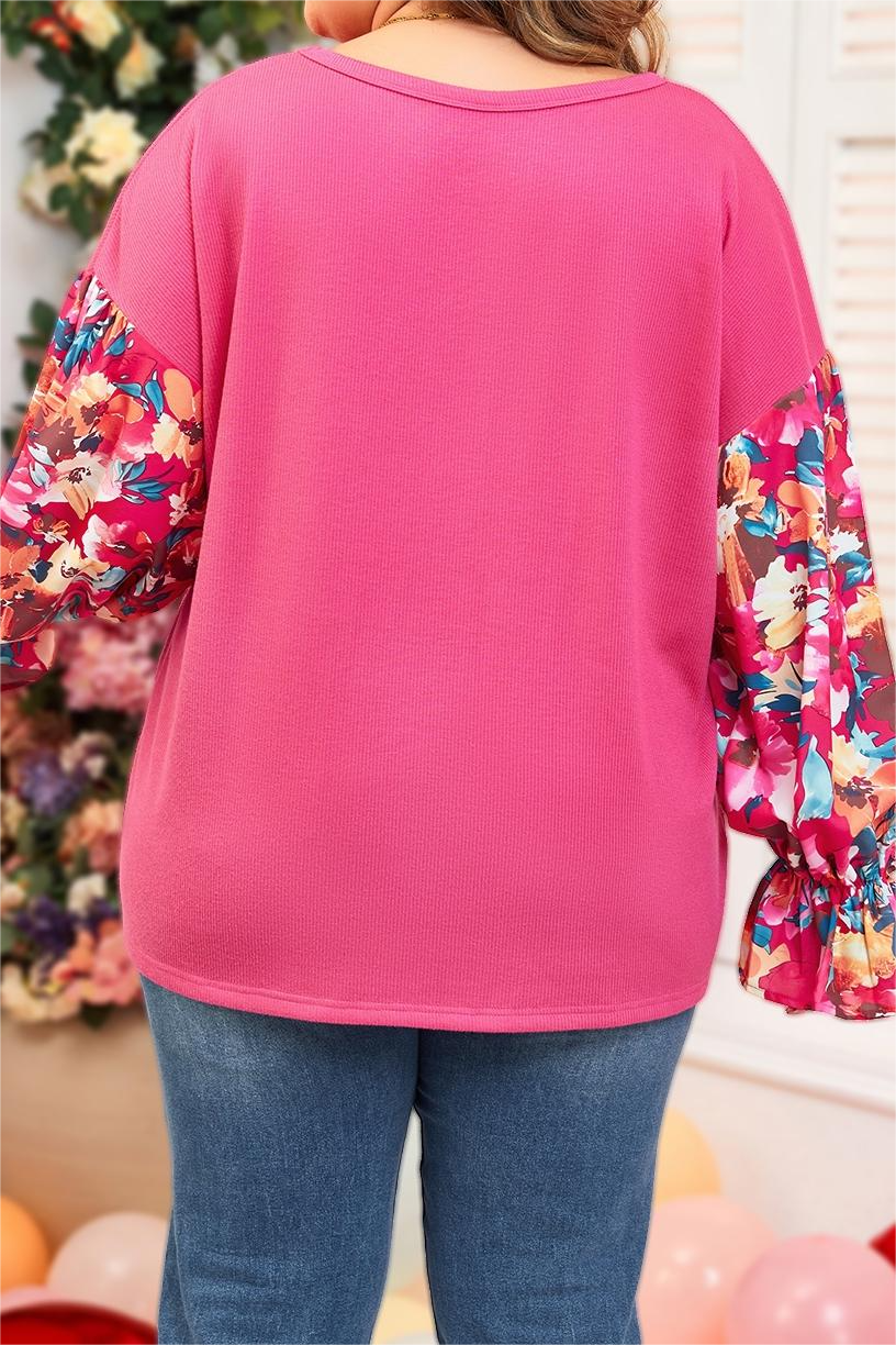 Pink Fall Floral Patchwork Ruffled Sleeve Ribbed Knit Top (S-4X) for wholesale on Faire1
