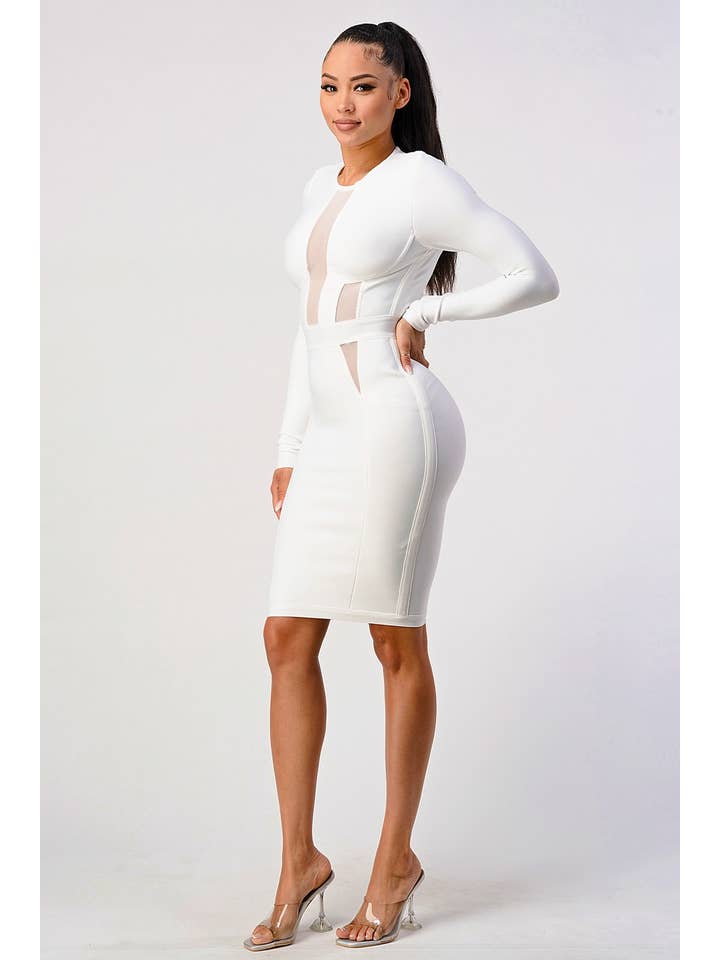 Athina Collection - Venta al por mayor Vestido - Mujer - Vestido de vendaje clásico de manga larga con contraste de malla - Blanco