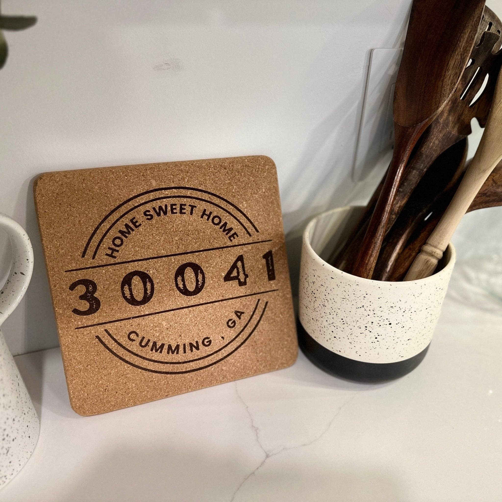 Seeds & Sawdust - Wholesale Trivet - Cork Trivet | Round or Square "Home Sweet Home" City & Zip | Hot Pad2