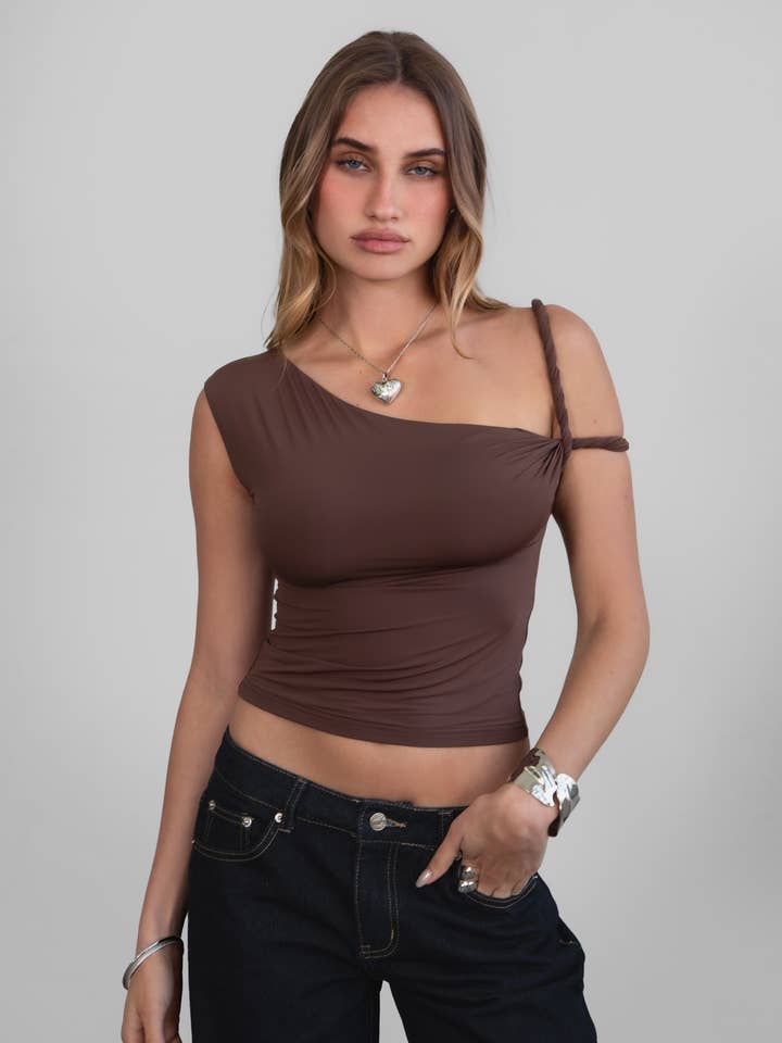 JLINA Asymmetrical Shoulder Short Sleeve Top for wholesale by TICTOC