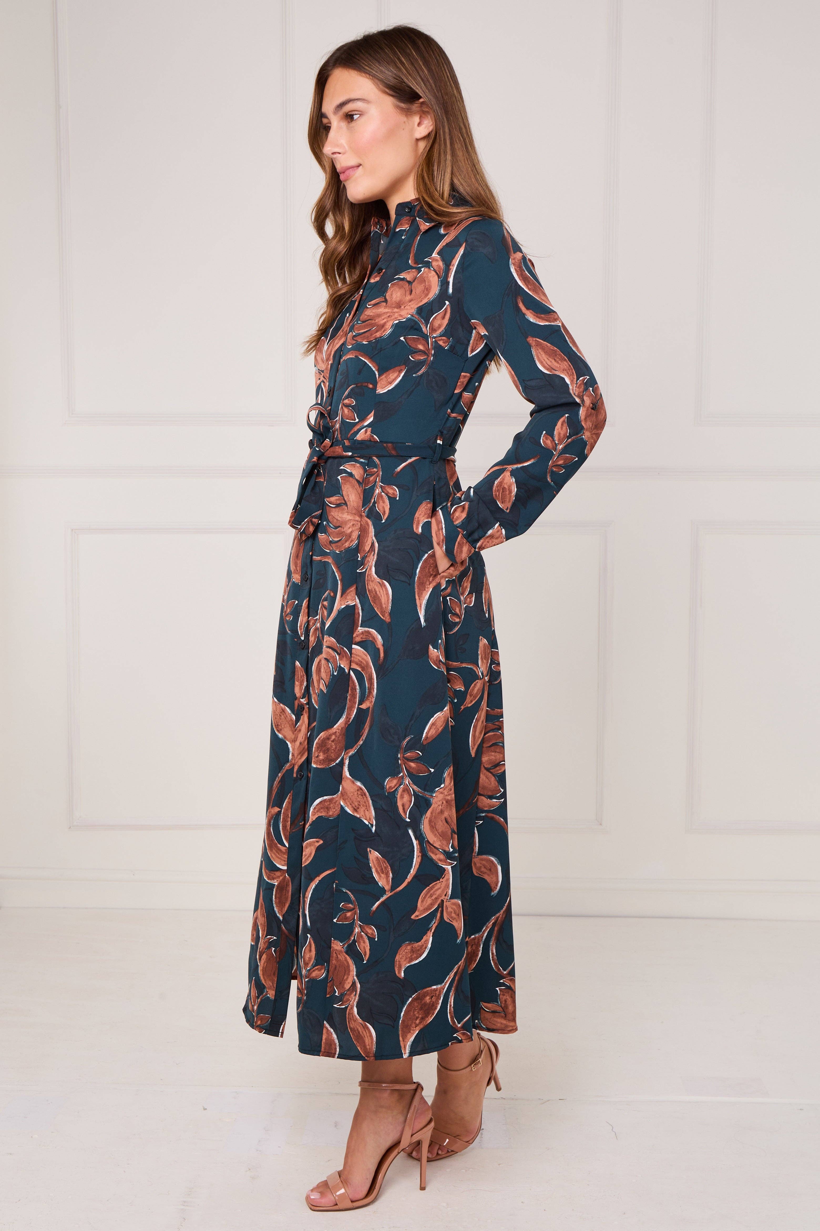 brown Teal and Chestnut Floral Print Maxi Shirt Dress for wholesale on Faire5