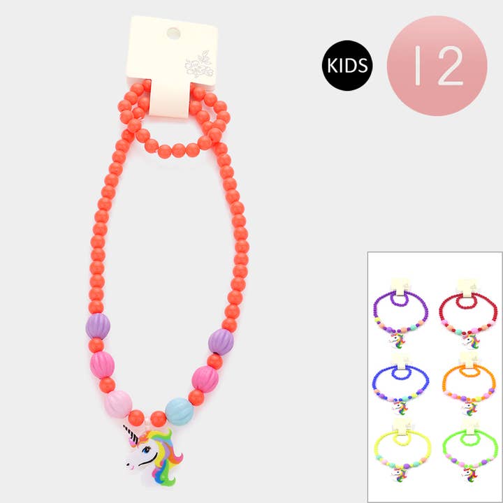 12 Set of 2 - Unicorn Pendant Beaded Kids Necklaces for wholesale by Sensibling Corp.
