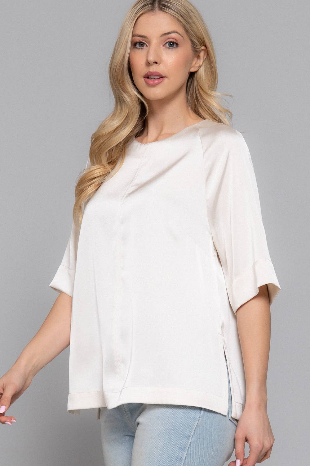 Active Basic | Active USA - Wholesale Blouse - Women's - Raglan Elbow Sleeve Side Slit Back Closure Satin Blouse8