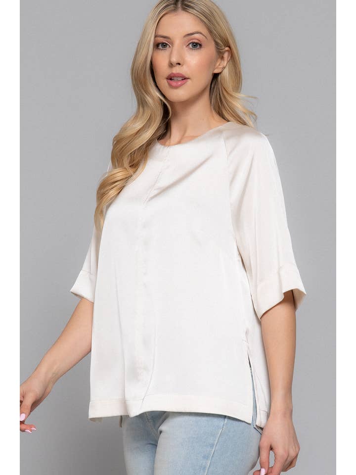 Active Basic | Active USA - Wholesale Blouse – Women’s - Raglan Elbow Sleeve Side Slit Back Closure Satin Blouse8